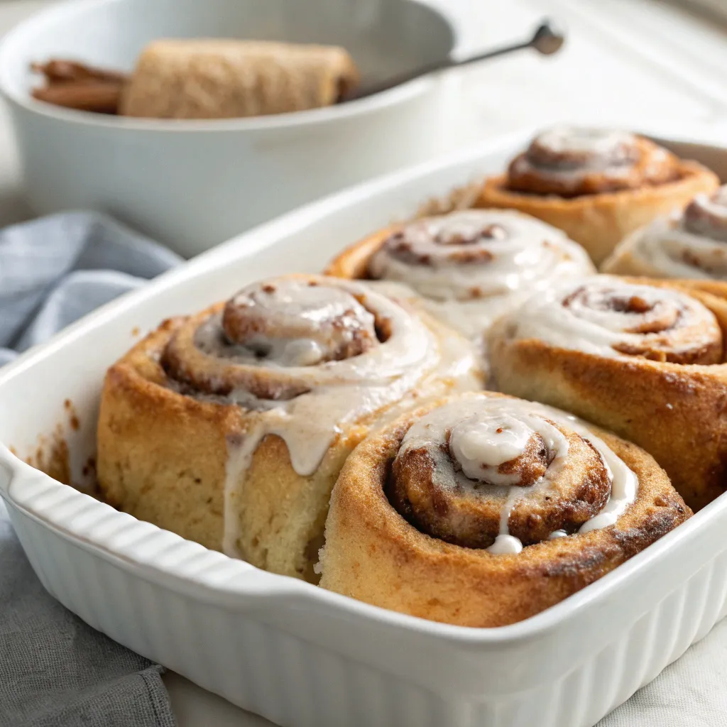 Ultra-realistic close-up of gooey chai-spiced cinnamon rolls with creamy frosting served in a white dish, captured with soft, natural lighting.