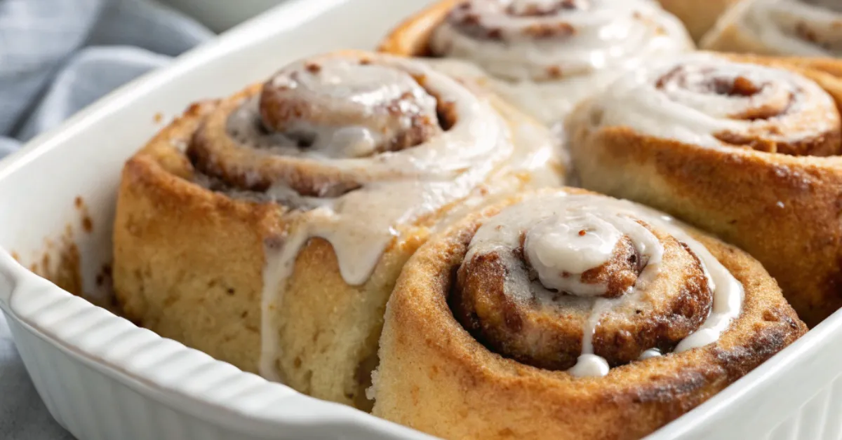 Ultra-realistic close-up of gooey chai-spiced cinnamon rolls with creamy frosting served in a white dish, captured with soft, natural lighting.