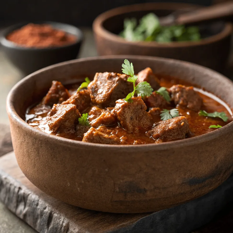 A close-up of Spicy & Aromatic Beef Vindaloo Curry served in a rustic brown dish, with rich textures and true-to-life colors, captured in soft, natural lighting