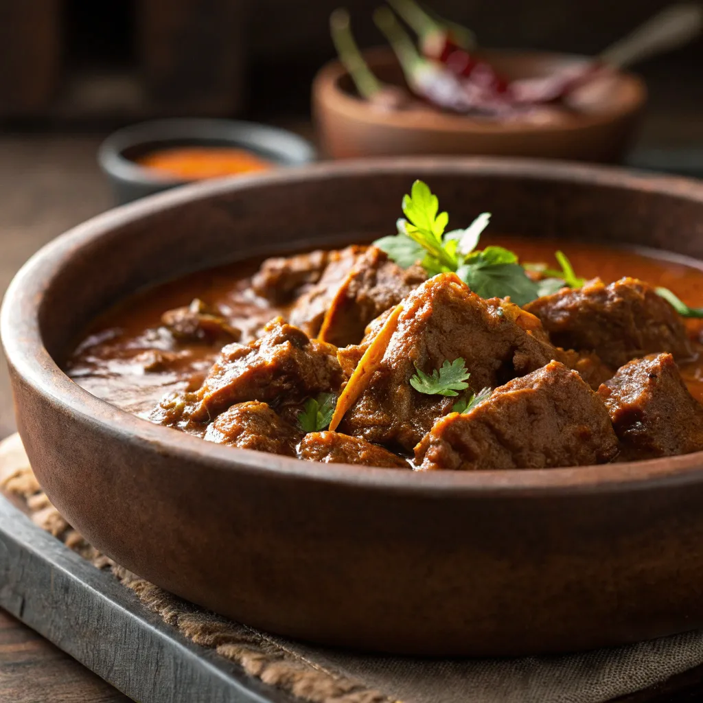 A close-up of Spicy & Aromatic Beef Vindaloo Curry served in a rustic brown dish, with rich textures and true-to-life colors, captured in soft, natural lighting