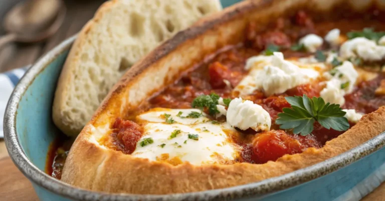 Close-up shot of a Georgian Cheese Boat with Spiced Shakshuka and Feta, served in a rustic ceramic dish with natural lighting