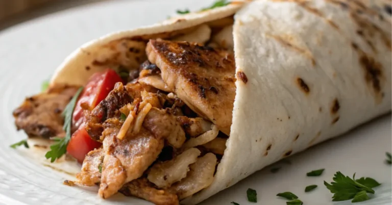 Oven Baked Chicken Shawarma served in a white ceramic plate, with subtle morning sunlight illuminating the dish for a rich, inviting look
