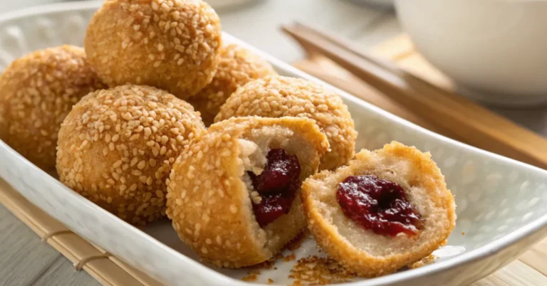 Golden Crispy Sesame Balls filled with Sweet Red Bean Paste, served in a traditional white dish with natural lighting
