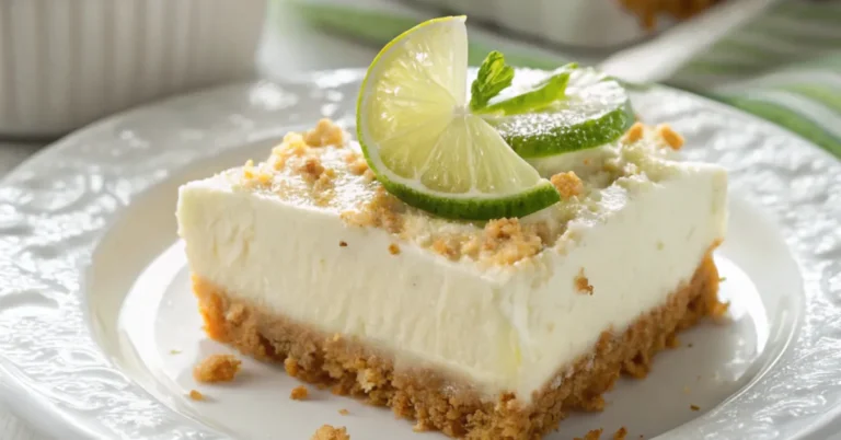 Close-up of Silky Key Lime Coconut Delight in a white ceramic dish, featuring creamy coconut filling and golden graham cracker crust