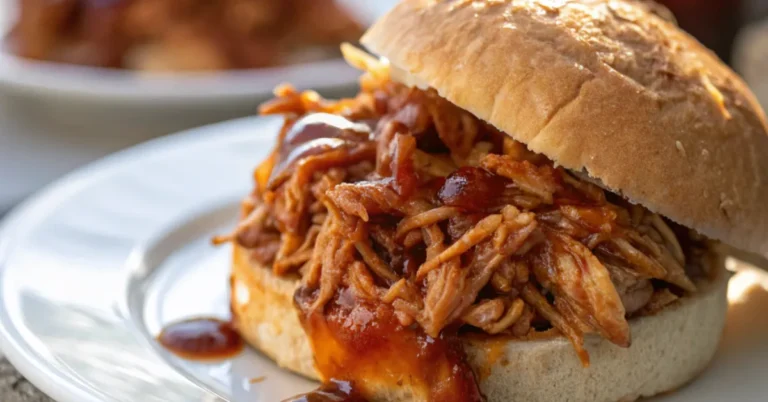 Close-up of Stovetop BBQ Pulled Chicken served in a white plate with soft, natural lighting showcasing the rich texture and vibrant colors.