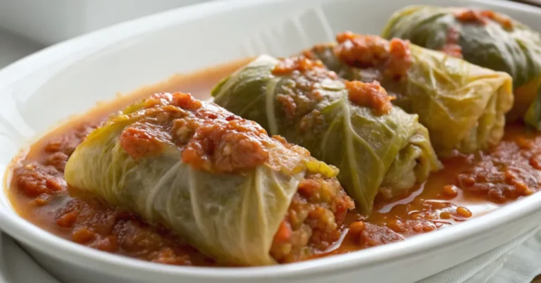 Close-up view of unstuffed cabbage rolls served in a white dish with soft, diffused natural lighting