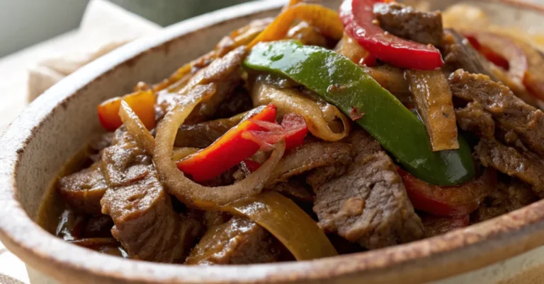 A close-up of authentic Mexican braised beef with peppers and onions, served in a rustic ceramic dish, highlighting its tender texture and vibrant colors under soft natural light.