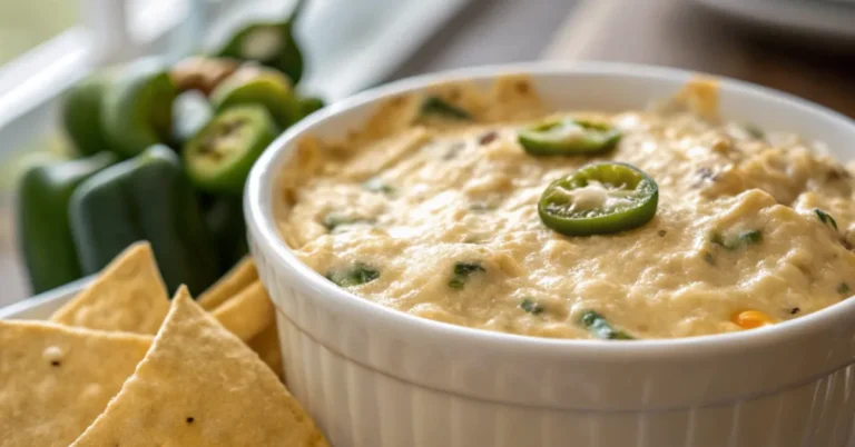 Close-up shot of Spicy Cheesy Jalapeño Party Dip served in a white bowl, showcasing its creamy texture, melted cheese, and jalapeño slices.