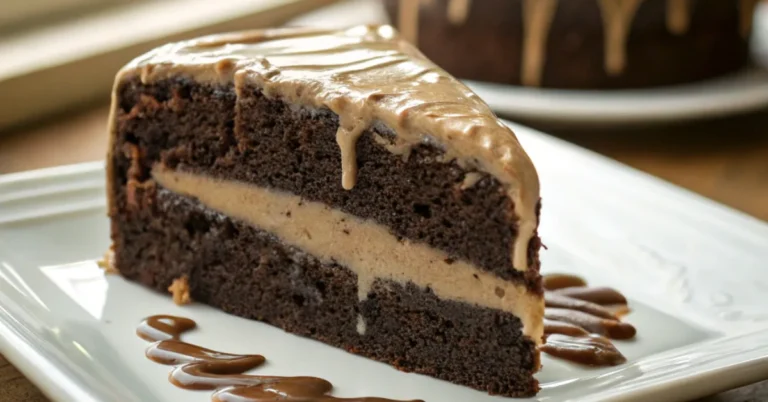 Decadent Chocolate Stout Cake with Baileys Glaze served on a white plate, showing deep chocolate layers and a glossy Baileys glaze.
