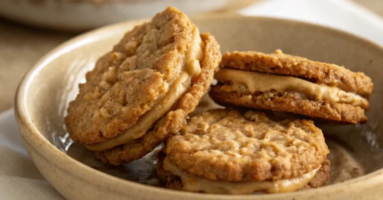 Close-up of Peanut Butter Oatmeal Sandwich Cookies in a beige ceramic dish, captured with soft, diffused natural lighting.