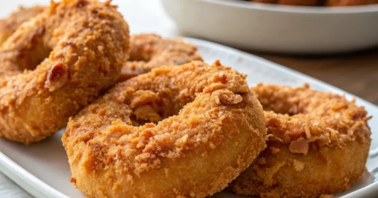 Golden Crispy Savory Chicken Donuts served on a white ceramic plate with a soft, organic feel