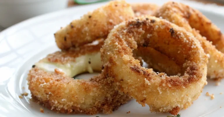 Crispy Baked Mozzarella-Stuffed Onion Rings on a white plate with natural lighting