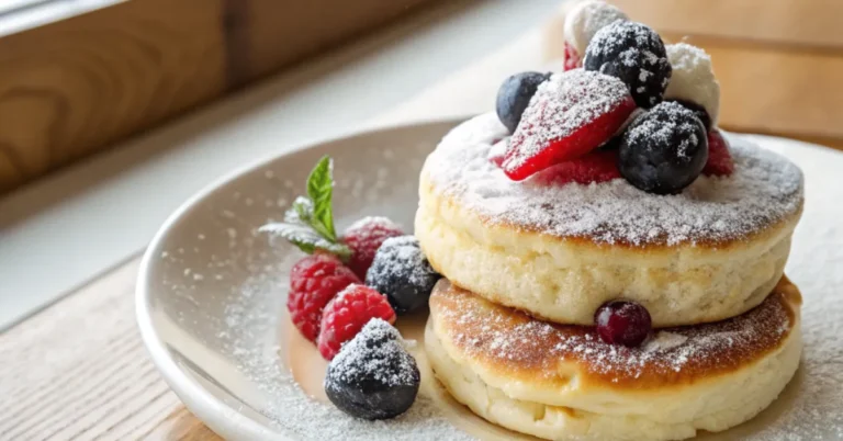 Close-up of fluffy Japanese soufflé pancakes topped with fresh berries and powdered sugar, served on a plain white plate