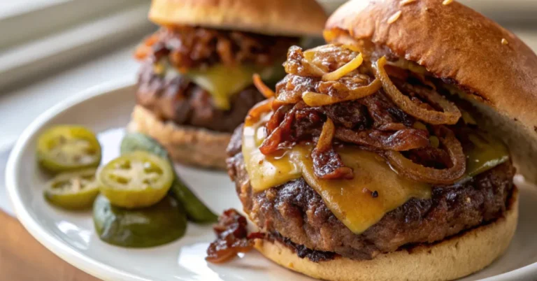 A close-up view of Fiery Smash Burgers with Caramelized Onions & Jalapeños served on a plain white plate, featuring a juicy patty, sweet caramelized onions, and spicy jalapeños, all captured in soft, diffused natural light.