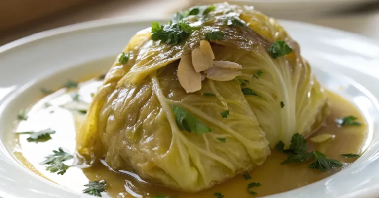 A close-up shot of slow-braised melting cabbage in white wine and garlic, served on a plain white plate, captured with natural daylight for an organic and inviting appearance.