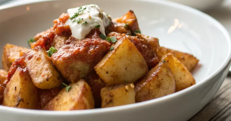 Close-up of Easy Patatas Bravas served on a white plate with a rich, crispy texture and a tangy Bravas sauce