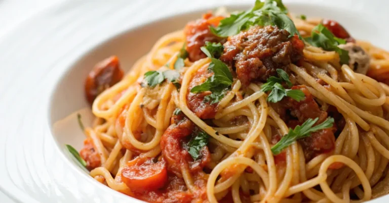 Zesty Mediterranean One-Pot Spaghetti served on a plain white plate, captured in soft natural lighting