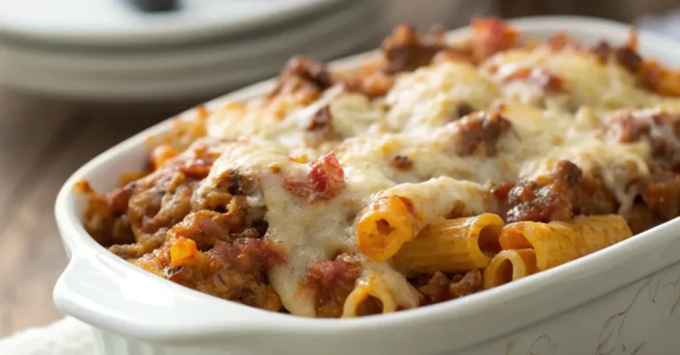 Classic Midwestern Johnny Marzetti Pasta Bake served in a white ceramic dish with soft, natural lighting highlighting its rich textures
