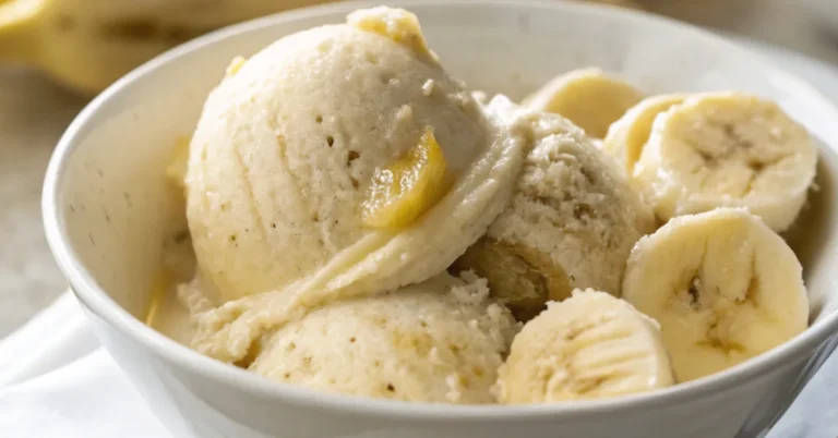 Close-up of Banana Nice Cream served in a white bowl with soft natural lighting