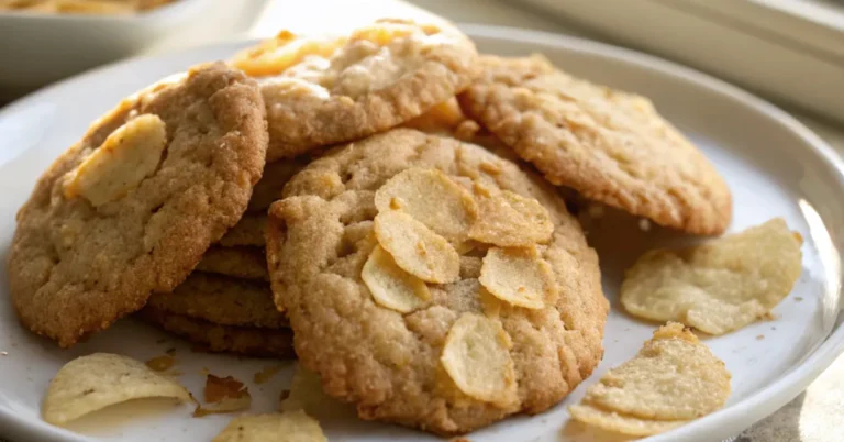 Crunchy & Buttery Potato Chip Cookies served on a white plate, showcasing golden-brown edges and rich textures, with soft natural lighting.