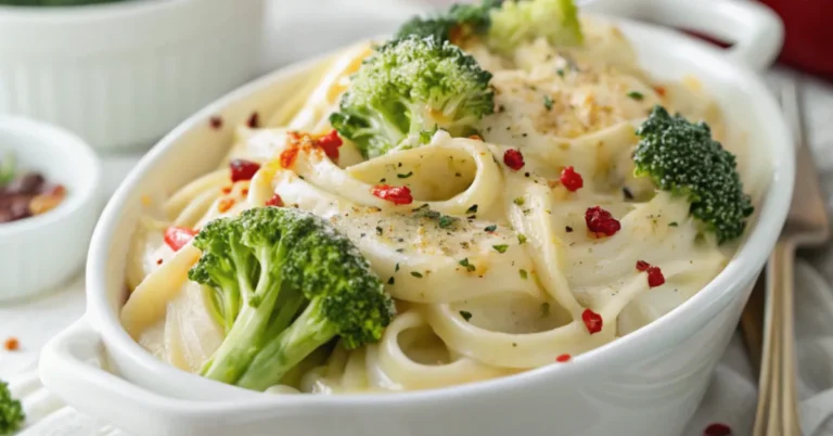 A close-up shot of creamy garlic broccoli pasta with red pepper flakes, served in a white ceramic dish. The dish is coated in a rich garlic cream sauce, with vibrant green broccoli florets and a sprinkle of red pepper flakes for a spicy kick.