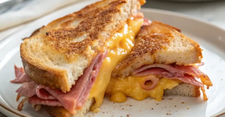 Close-up of a Classic Ham and Cheddar sandwich served on a white plate with melted cheddar cheese and crispy golden bread, captured with soft natural lighting.