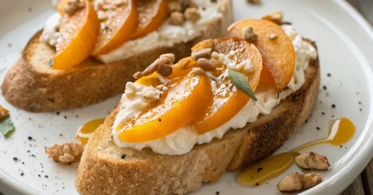 A close-up of Goat Cheese and Apricot Crostini served on a white plate, featuring toasted baguette slices topped with creamy goat cheese, fresh apricots, and a drizzle of honey.