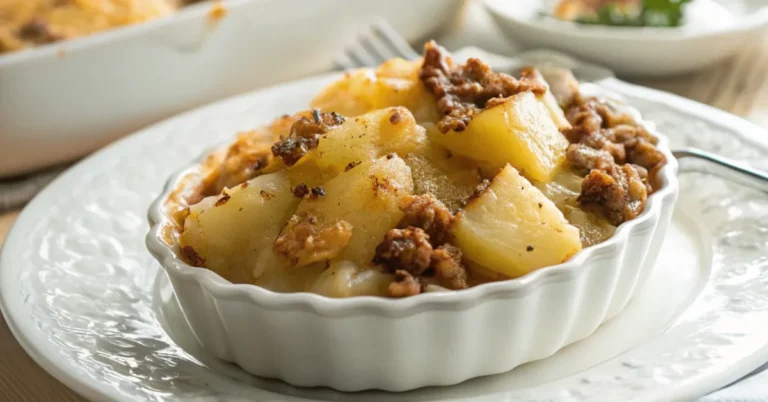 Close-up shot of Hungarian Potato Casserole in a white ceramic dish with natural lighting