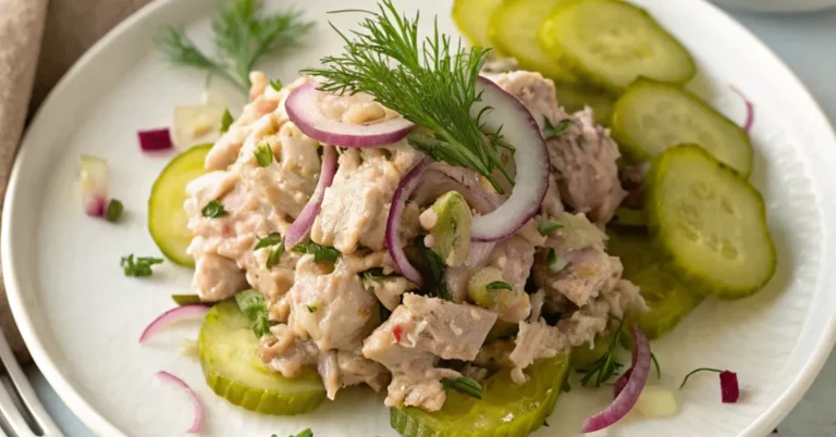 Close-up of Dill Pickle Tuna Salad served on a plain white plate, showcasing creamy tuna, dill pickles, and fresh herbs with soft natural lighting