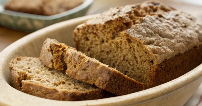 Close-up of freshly baked Irish Brown Bread in a cream-colored dish with a golden-brown crust and soft crumb, naturally lit