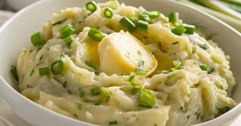 A close-up of a white dish filled with creamy Colcannon, featuring mashed potatoes blended with sautéed cabbage and green onions, topped with a melting pat of butter.