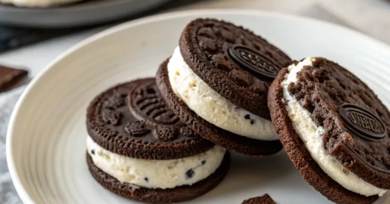 Close-up of homemade Oreo Ice Cream Sandwiches on a white plate
