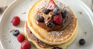 Close-up of Nutella Stuffed Pancakes served in a white plate, showcasing golden pancakes with melted Nutella oozing from the center, topped with fresh berries and powdered sugar