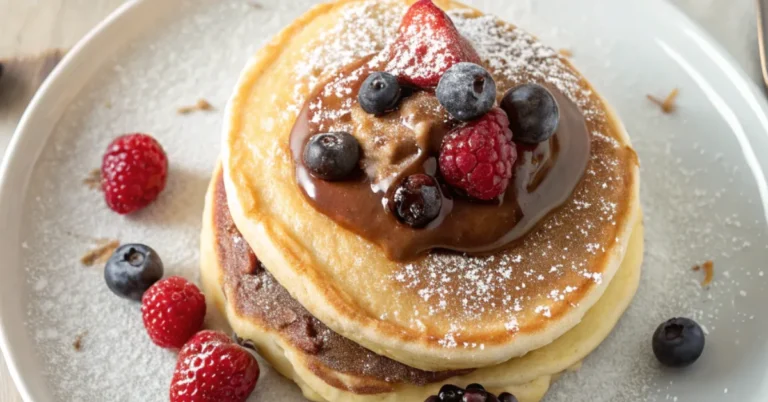 Close-up of Nutella Stuffed Pancakes served in a white plate, showcasing golden pancakes with melted Nutella oozing from the center, topped with fresh berries and powdered sugar
