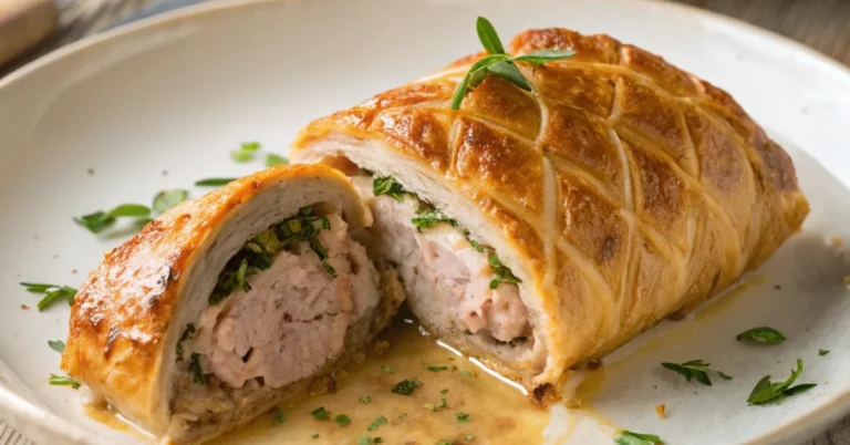 Close-up shot of Chicken Meatloaf Wellington served on a white plate with rich textures, flaky puff pastry, and golden crust