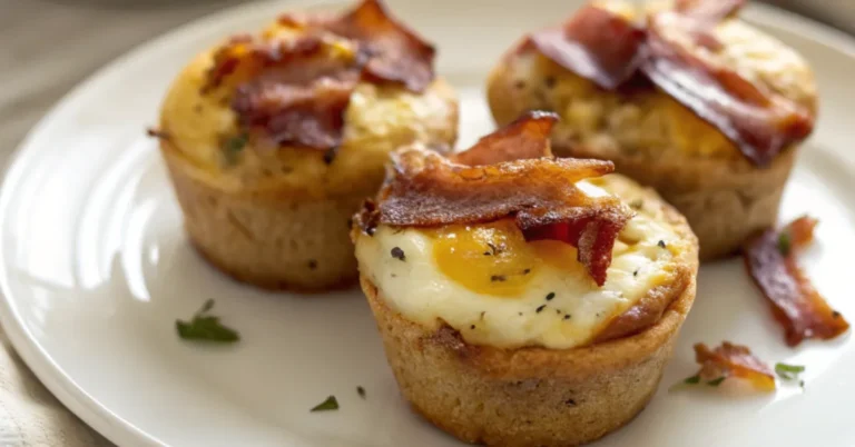 Close-up image of freshly baked Bacon and Egg Breakfast Muffins served on a plain white plate, showcasing the golden-brown bacon and melted cheese.