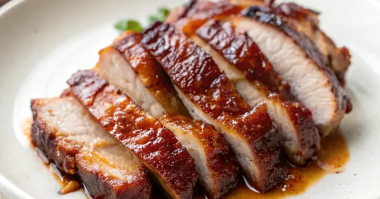 Chinese BBQ Pork slices on a plain white plate with a caramelized glaze, showcasing the tender and flavorful dish