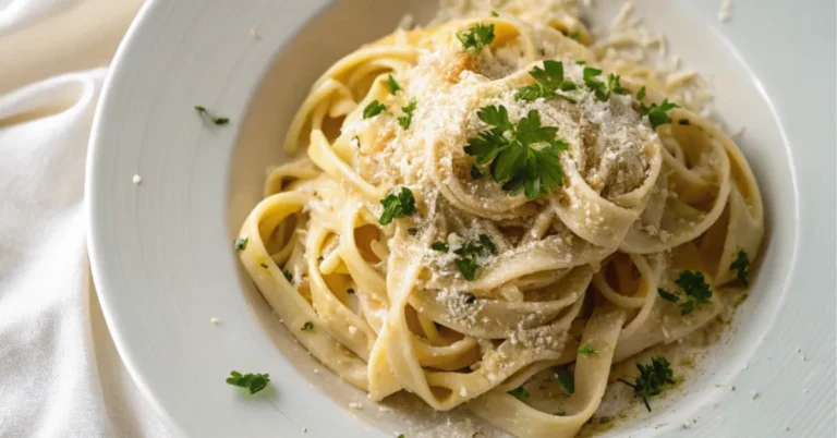 Close-up of Fettuccine Alfredo served in a plain white plate with rich creamy textures, garnished with Parmesan and parsley, captured in natural light.