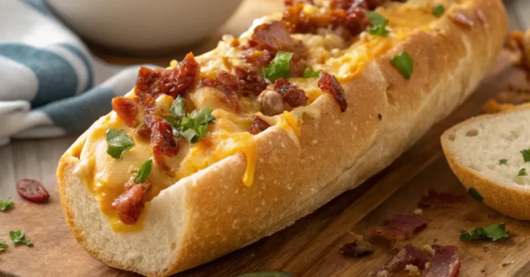 Close-up of golden baguette boats filled with creamy melted cheese, crispy bacon bits, and diced jalapeños, served on a wooden board with fresh parsley garnish