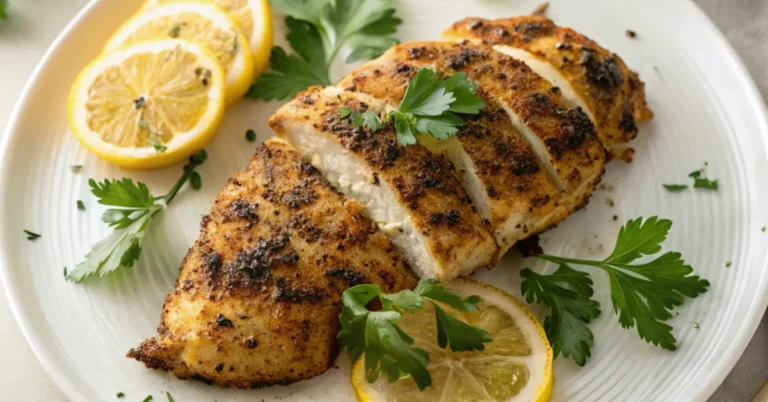 Close-up of Zesty Skillet Lemon Pepper Chicken on a white plate with fresh herbs, lemon slices, and a golden crispy exterior, captured in natural light