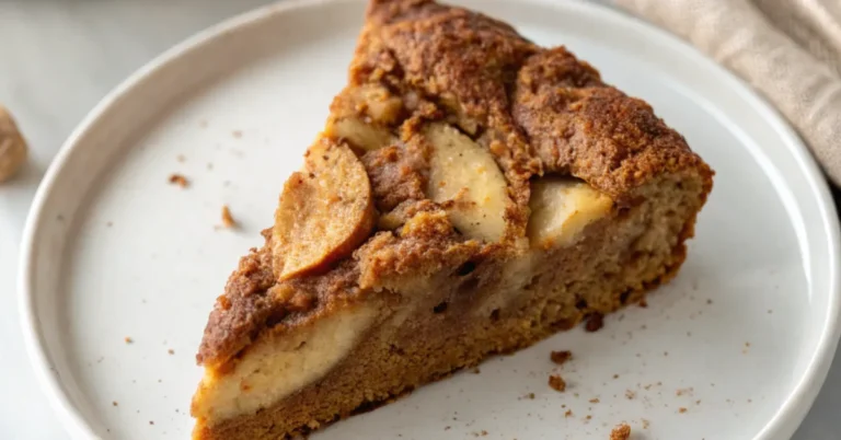 A slice of browned butter apple spice cake on a plain white plate, showcasing the rich textures, apple chunks, and warm spices.