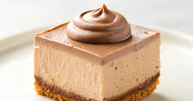 One Piece of Creamy Dreamy Nutella Cheesecake Bite on a White Plate with Nutella Filling