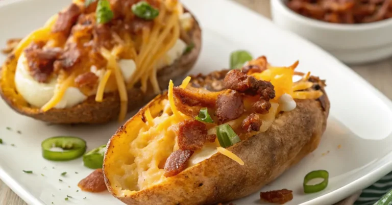 A close-up shot of crispy potato skins loaded with melted cheddar and mozzarella cheese, crispy bacon bits, and fresh green onions, served on a white plate.