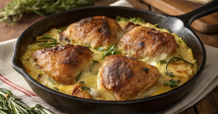 Crispy skillet-roasted chicken served over creamy potato gratin, garnished with parsley