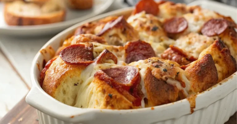 Close-up shot of a Cheesy Pepperoni Garlic Pull-Apart Pizza Loaf served in a white ceramic dish, with golden-brown crust, melted mozzarella, and crispy pepperoni, captured in soft natural lighting.