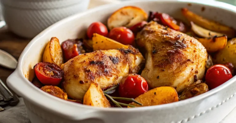 A close-up of Rustic Spanish Chicken with Chorizo, Tomatoes & Roasted Potatoes, served in a white ceramic dish. The golden roasted chicken, smoky chorizo slices, crispy baby potatoes, and vibrant cherry tomatoes are captured under natural daylight