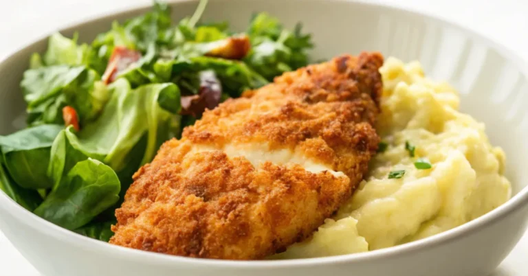 Crispy Golden Chicken with Creamy Potato Mash and Garden Fresh Salad served on a white plate with soft natural lighting