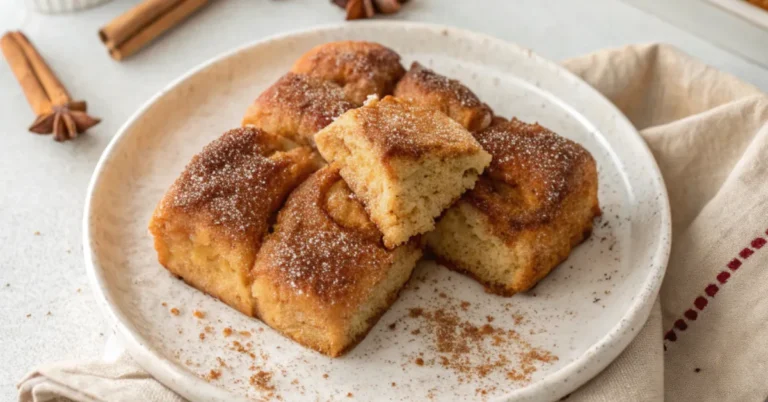 Close-up of Cinnamon Sugar Bread Crust Snacks served in a plain white plate on a white table, captured with natural lighting
