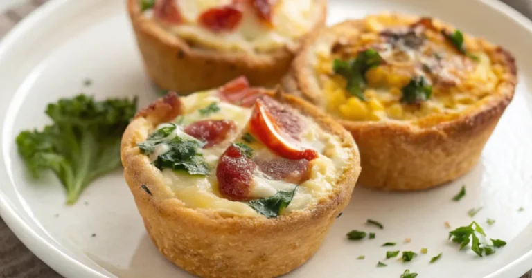 Close-up of Quiche Toast Cups served in a white plate with natural lighting