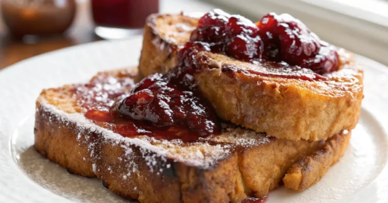Close-up of Jam Doughnut French Toast on a white plate with rich textures, captured with natural lighting